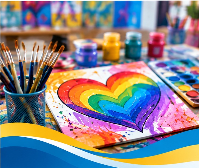Colorful student artwork from the 370K Art Gallery